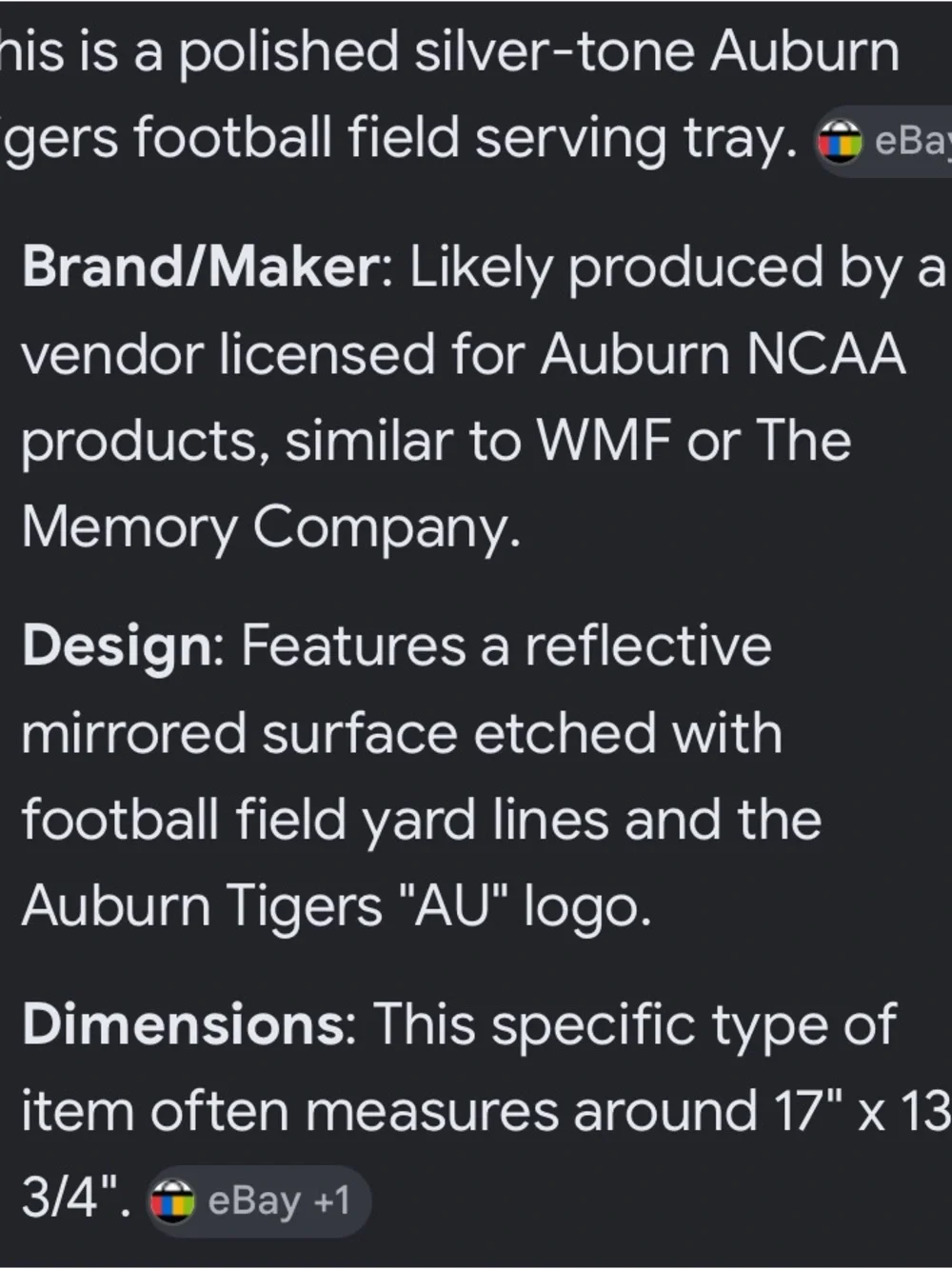 University of Auburn football Field Stainless serving Platter